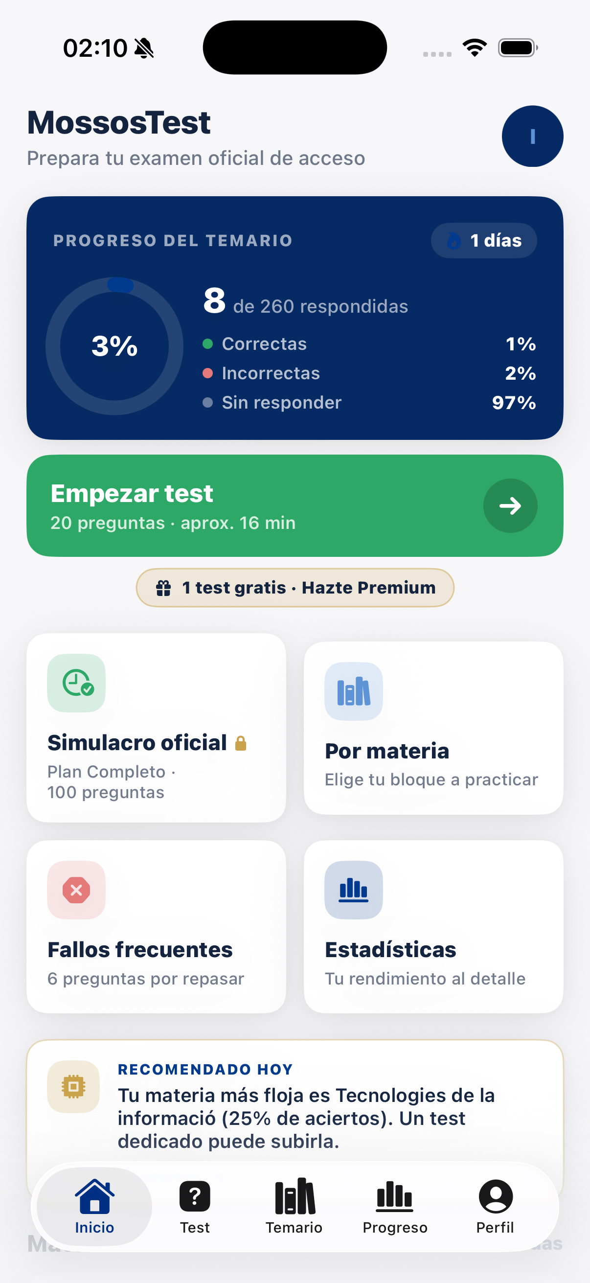 Pantalla de inicio de MossosTest con el progreso del temario