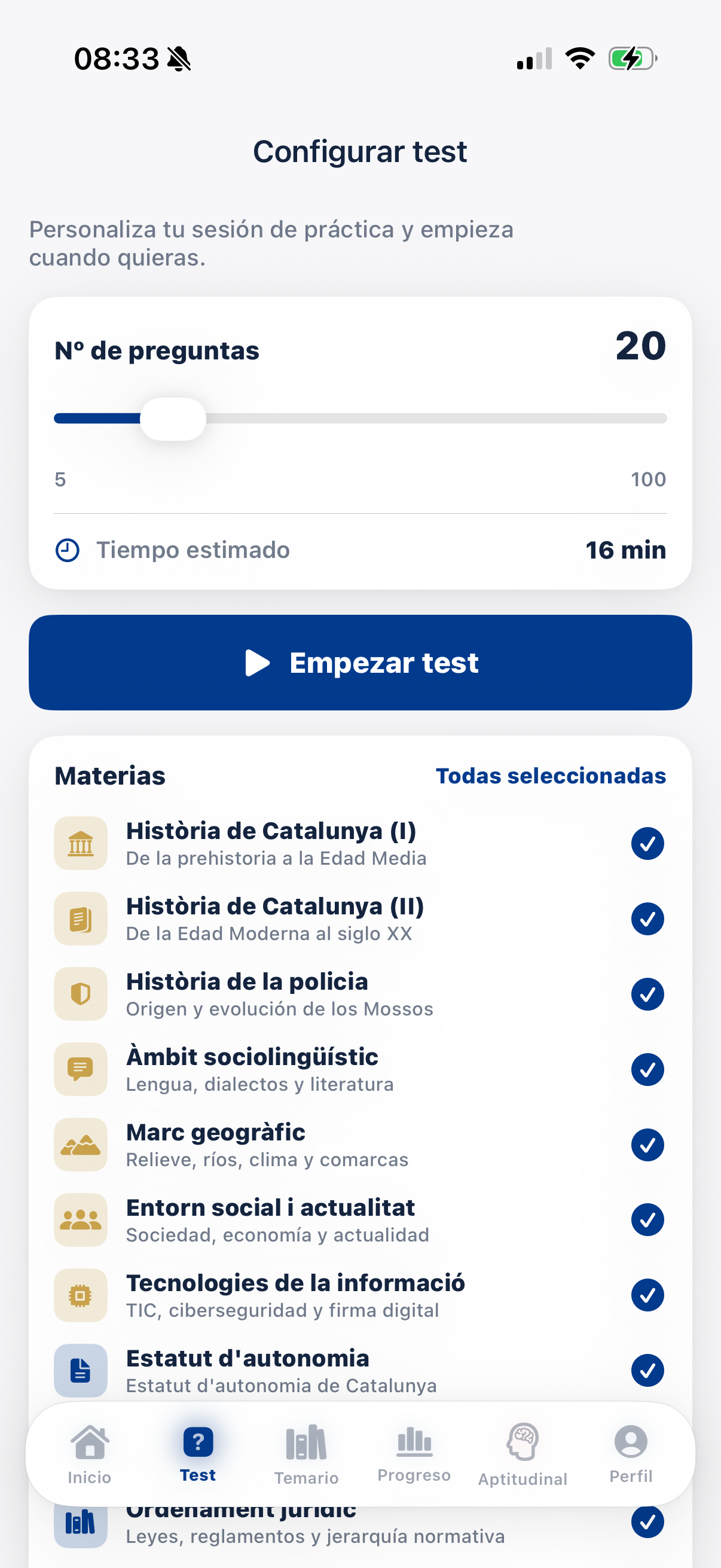 Configurar un test personalizado por materias
