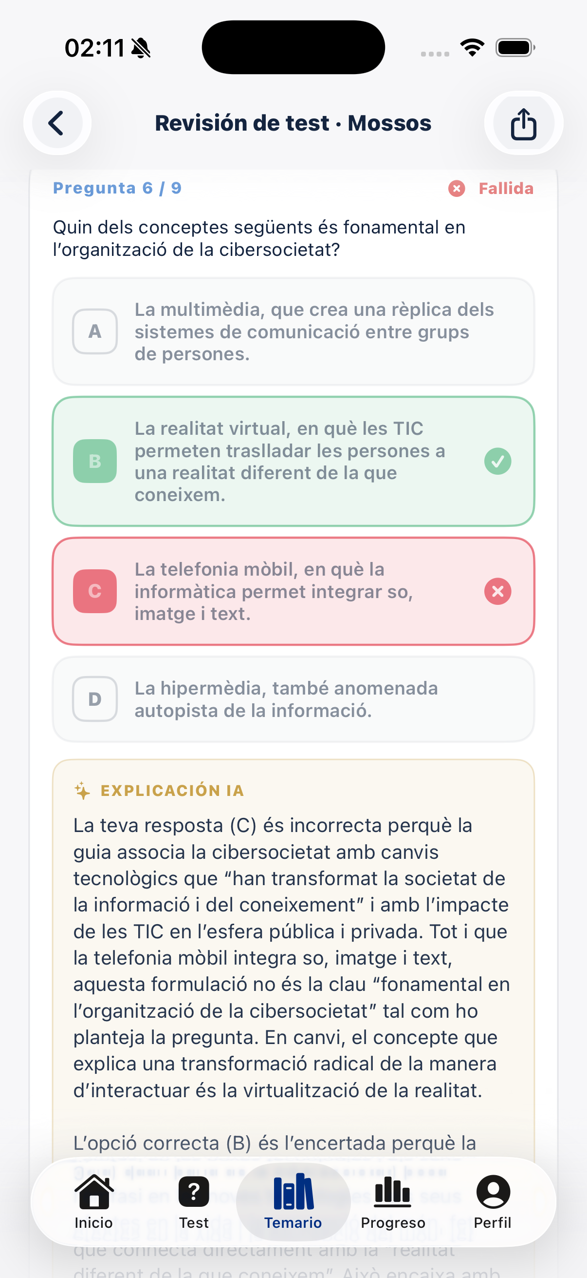 Revisión del test con explicación por IA